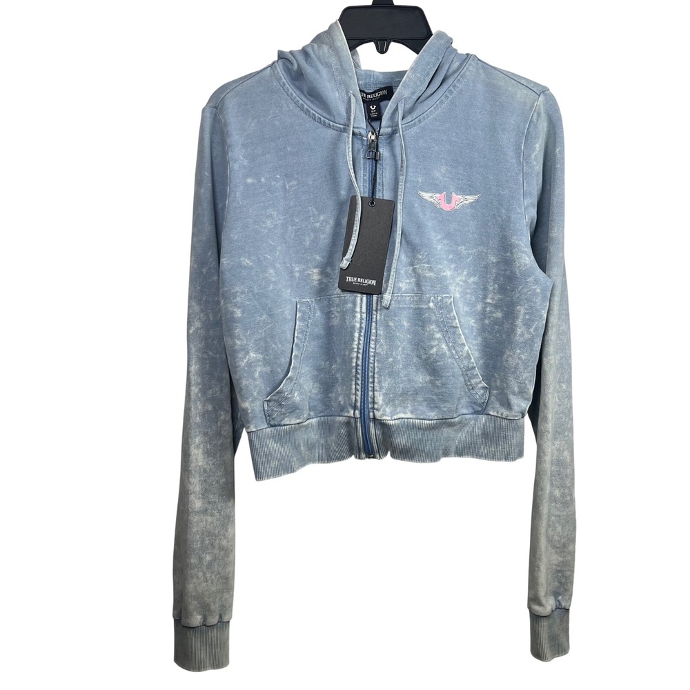True Religion HS Wing Faux Denim Hoodie Denim Wash Blue Pink 600662 Womens Small